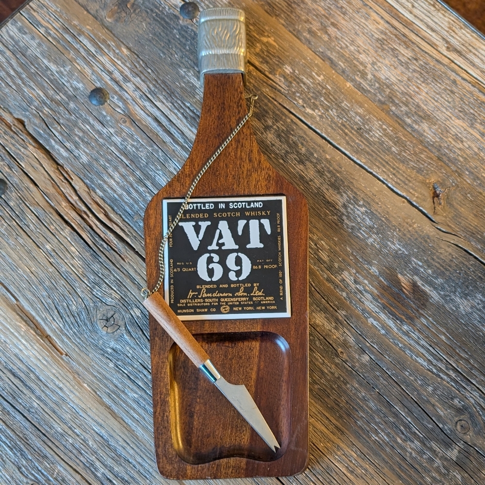 Vintage Wooden VAT 69 Scotch Whisky Cheese Snack Tray Wall Decor 60's
